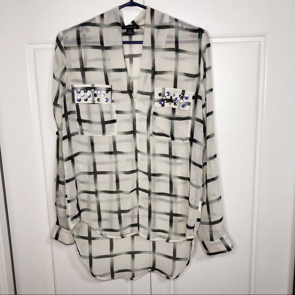 UK2LA Sheer Crystal Flap Pocket Women Blouses